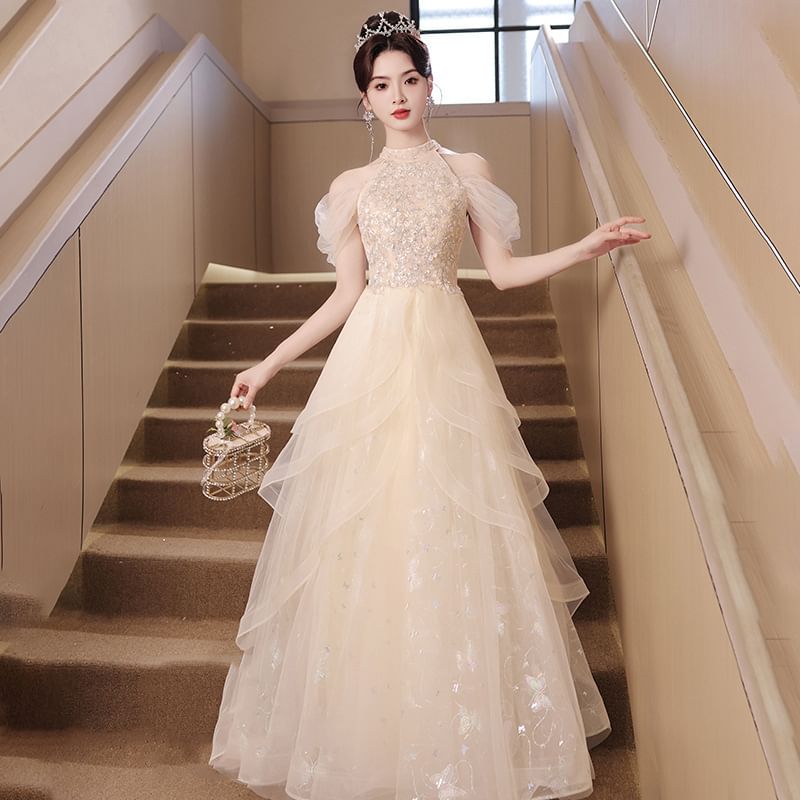 A-Line Gown Cold Shoulder Evening Panel Sequin Mesh Sleeveless