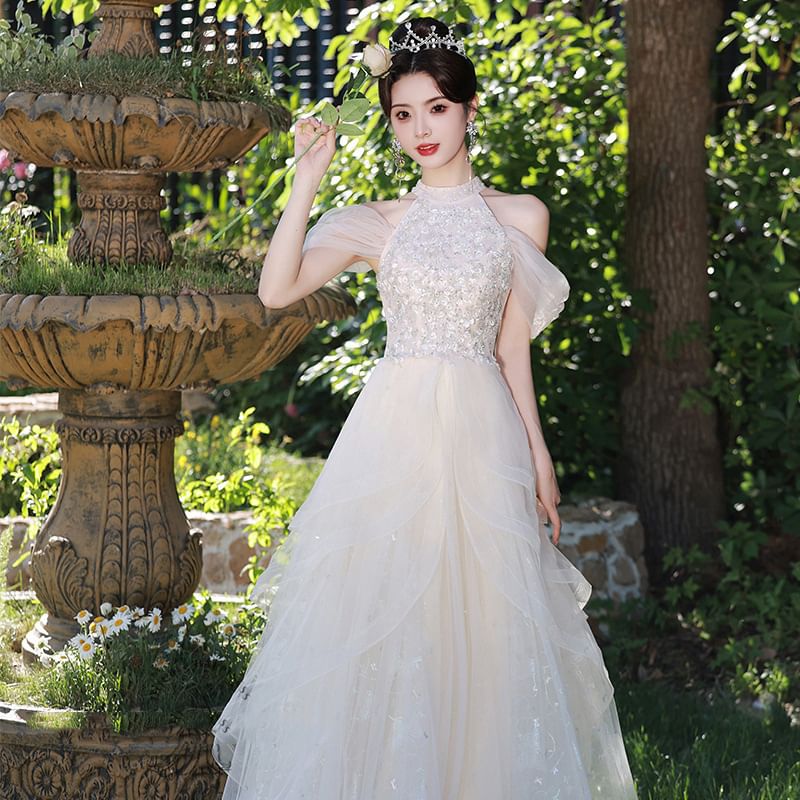 A-Line Gown Cold Shoulder Evening Panel Sequin Mesh Sleeveless