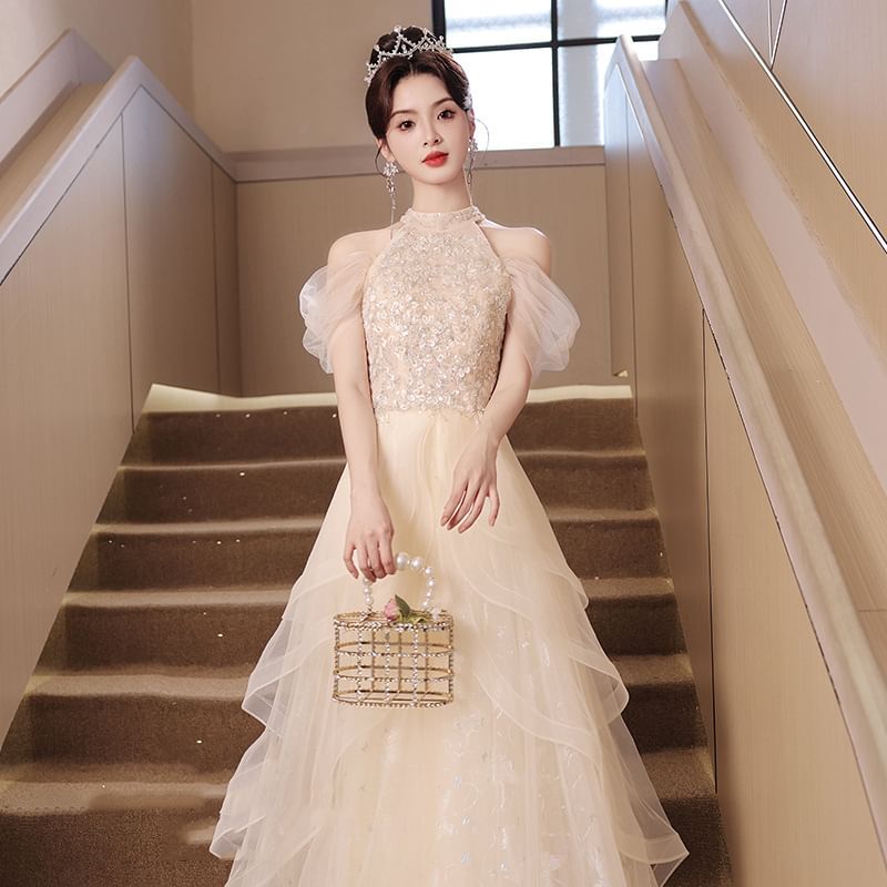 A-Line Gown Cold Shoulder Evening Panel Sequin Mesh Sleeveless