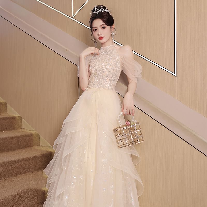 A-Line Gown Cold Shoulder Evening Panel Sequin Mesh Sleeveless