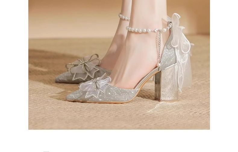 Block Heel Glitter Sandals Bow Pointy