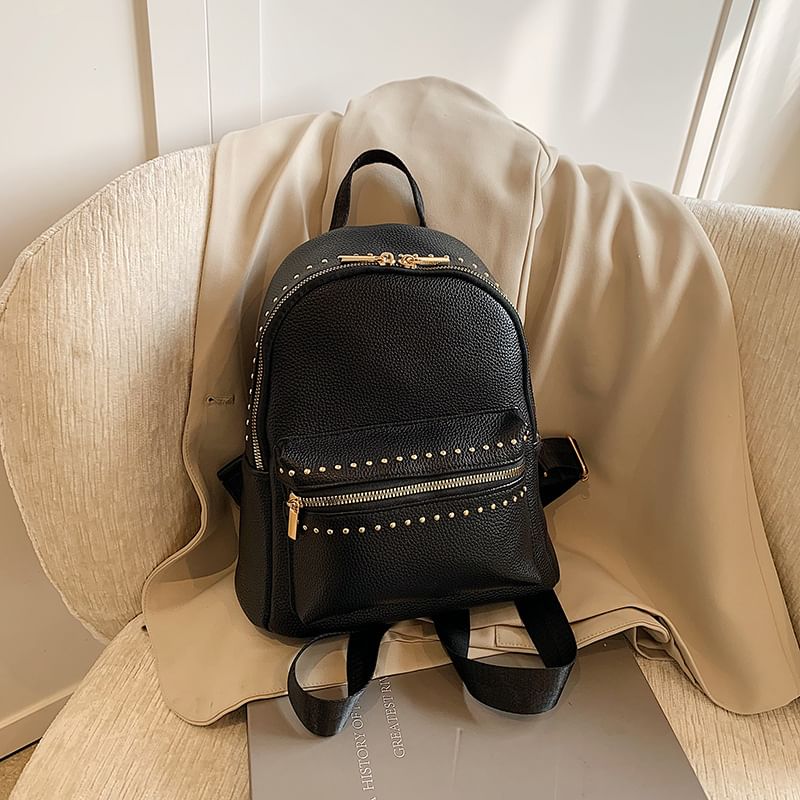 Plain Backpack Faux Leather Studded