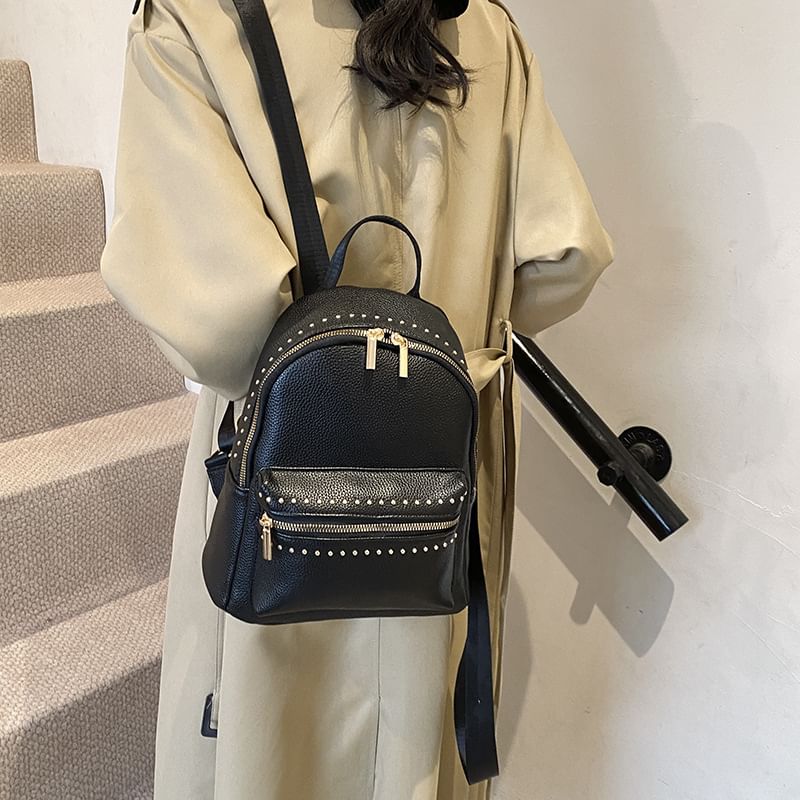 Plain Backpack Faux Leather Studded