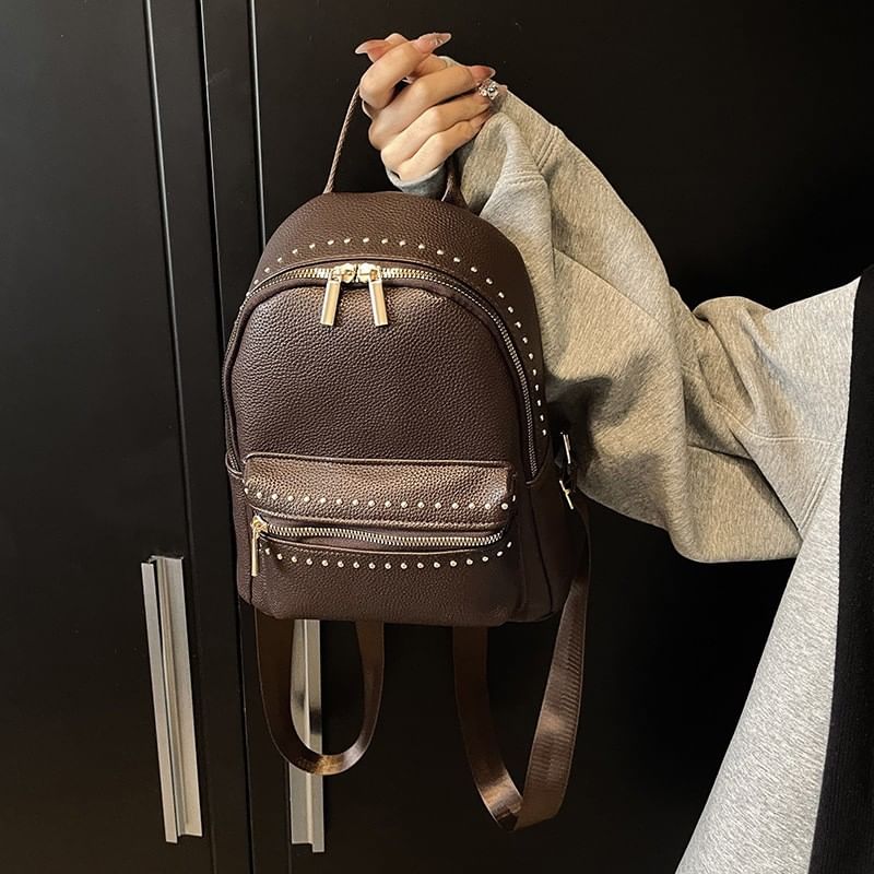 Plain Backpack Faux Leather Studded