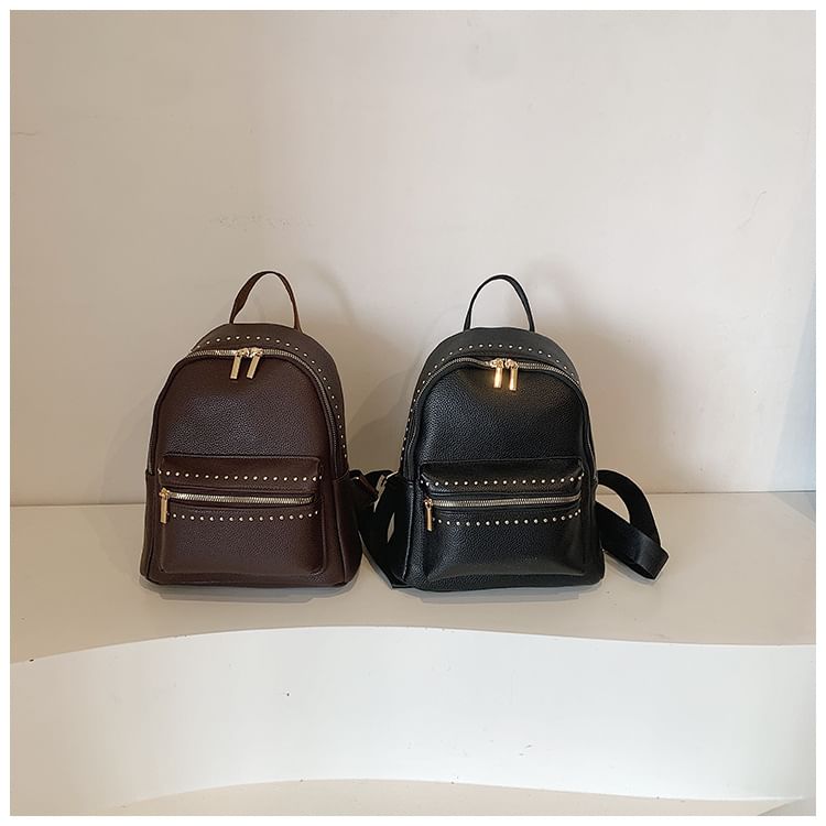 Plain Backpack Faux Leather Studded