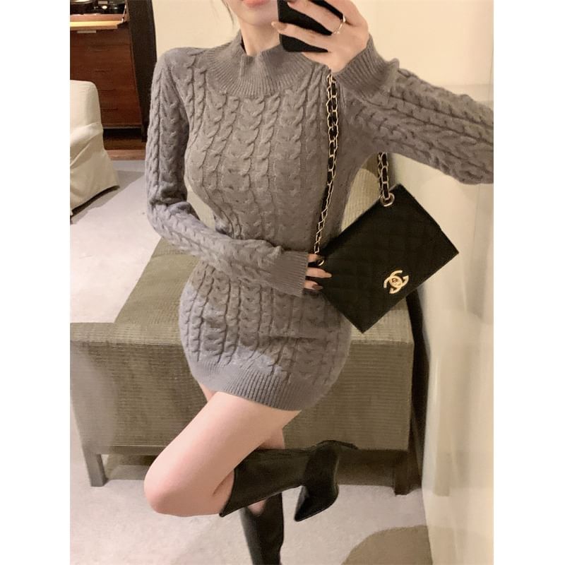 Neck Long-Sleeve Mini Open Sheath Knit Cable Dress Mock Back
