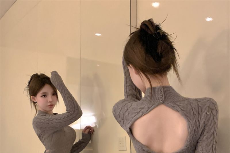 Neck Long-Sleeve Mini Open Sheath Knit Cable Dress Mock Back