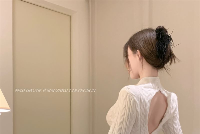 Neck Long-Sleeve Mini Open Sheath Knit Cable Dress Mock Back