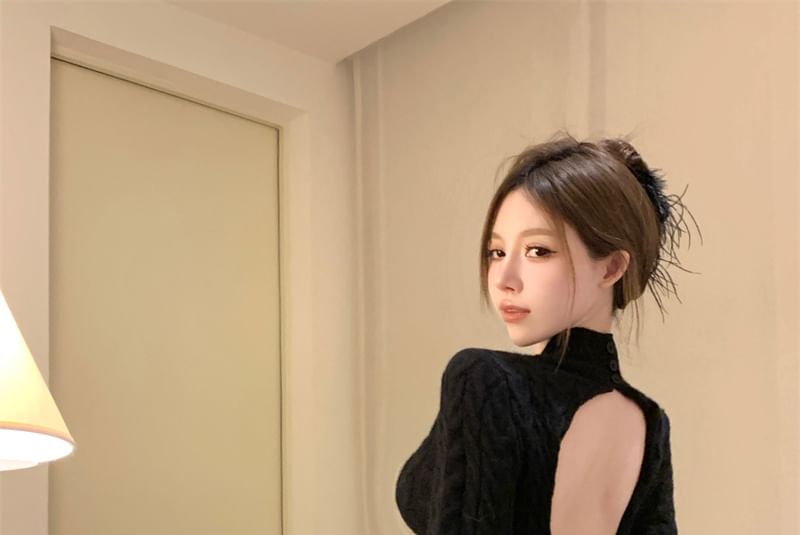 Neck Long-Sleeve Mini Open Sheath Knit Cable Dress Mock Back