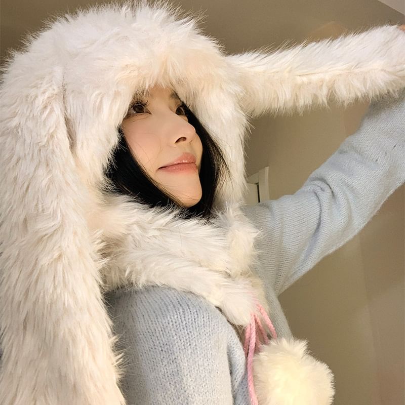 Hat Rabbit Ear Trapper Pom