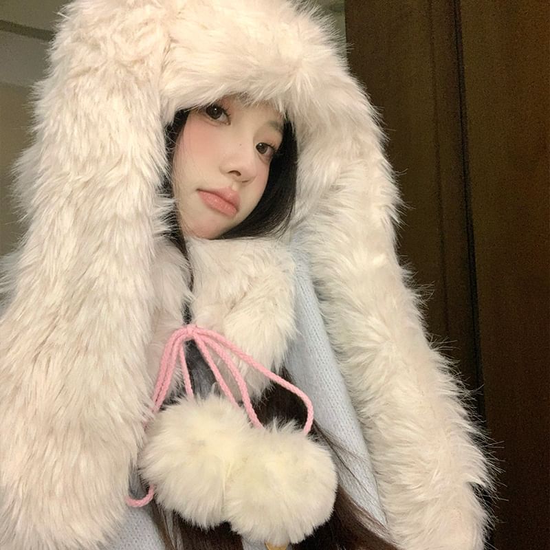 Hat Rabbit Ear Trapper Pom