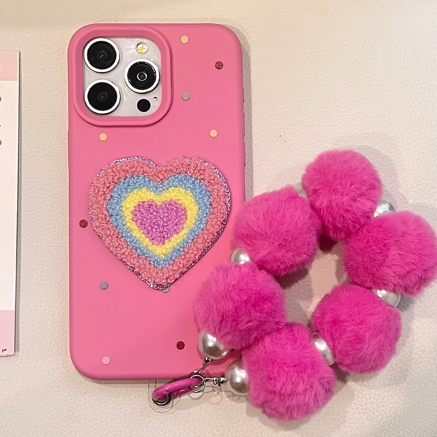 / Case Embroidered Phone Heart Set Pom Strap