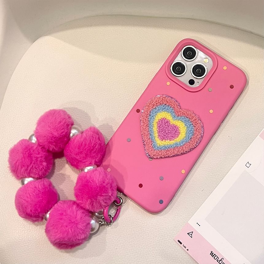 / Case Embroidered Phone Heart Set Pom Strap