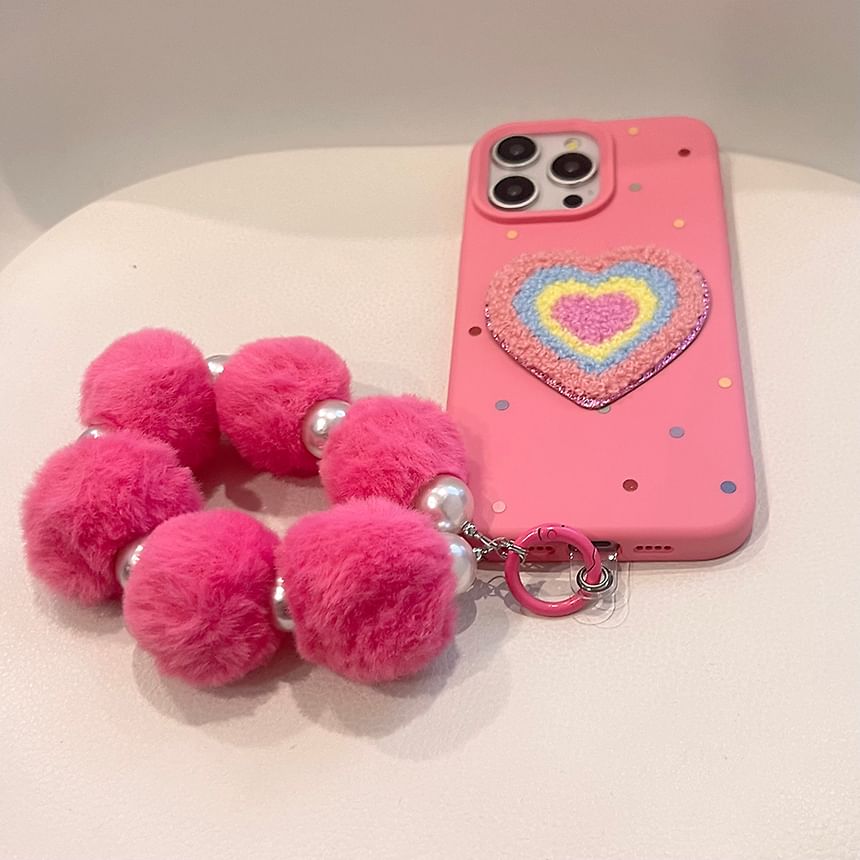 / Case Embroidered Phone Heart Set Pom Strap