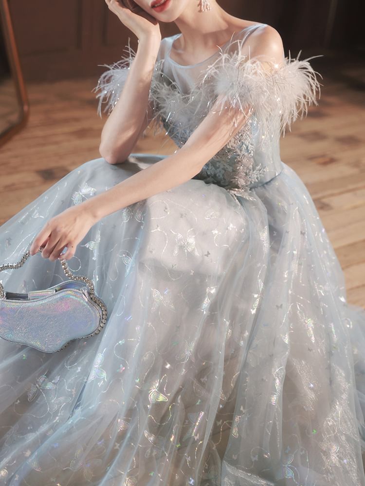 A-Line Flower Print Evening Embroidered Cold-Shoulder Gown Butterfly