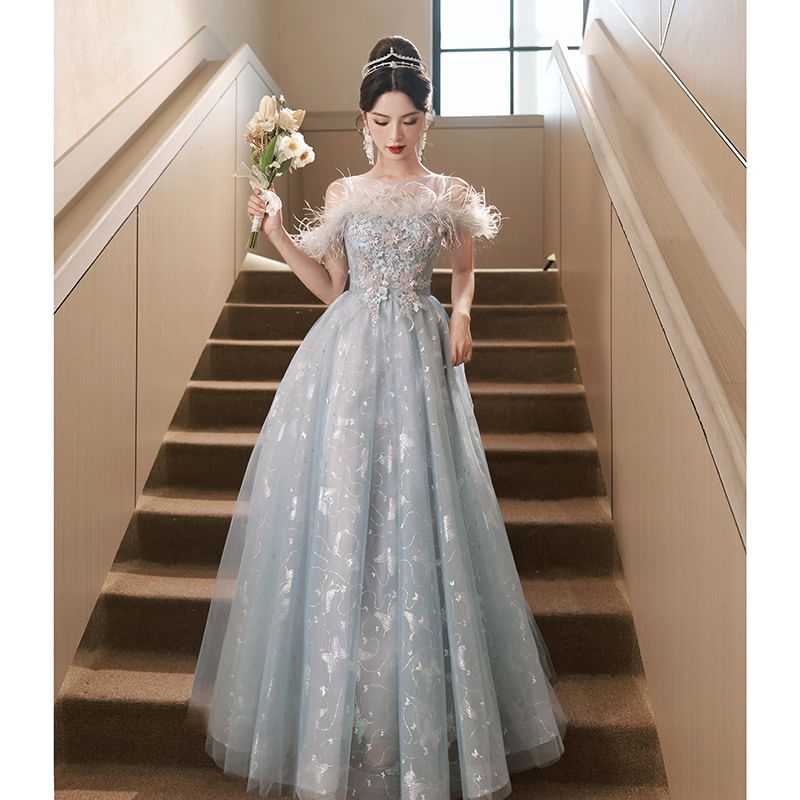 A-Line Flower Print Evening Embroidered Cold-Shoulder Gown Butterfly