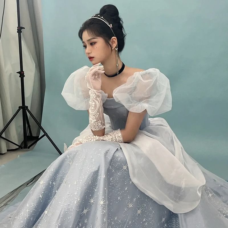 / A-Line Strapless Gown Puff-Sleeve Print Ball Set Skirt Star Petticoat