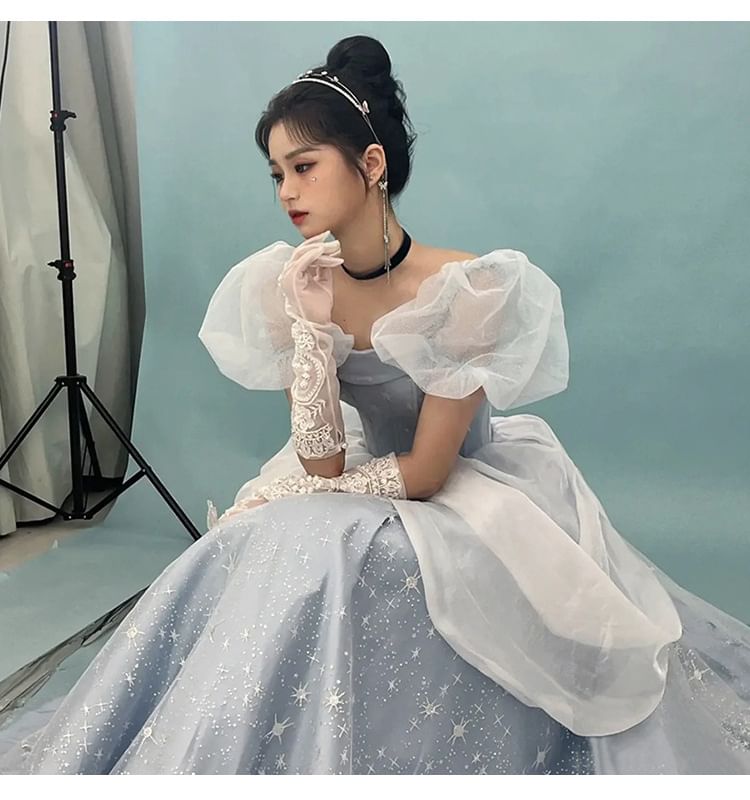 / A-Line Strapless Gown Puff-Sleeve Print Ball Set Skirt Star Petticoat