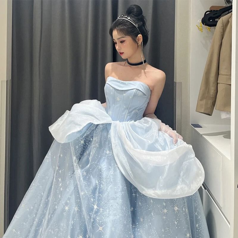 / A-Line Strapless Gown Puff-Sleeve Print Ball Set Skirt Star Petticoat