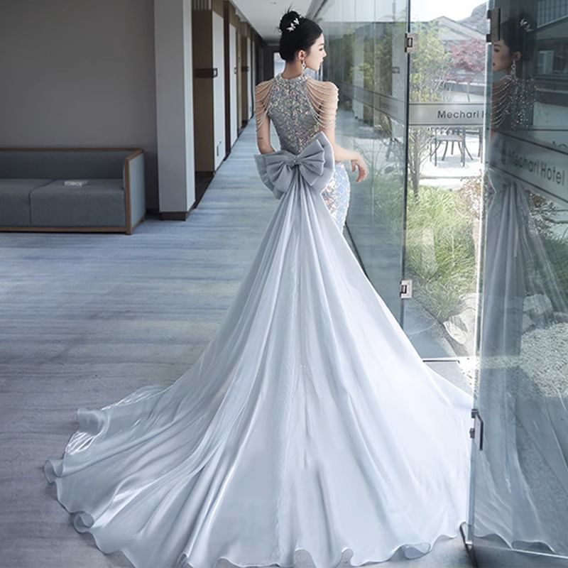 Strappy Gown Evening Bow Halter Mermaid Back Sequin