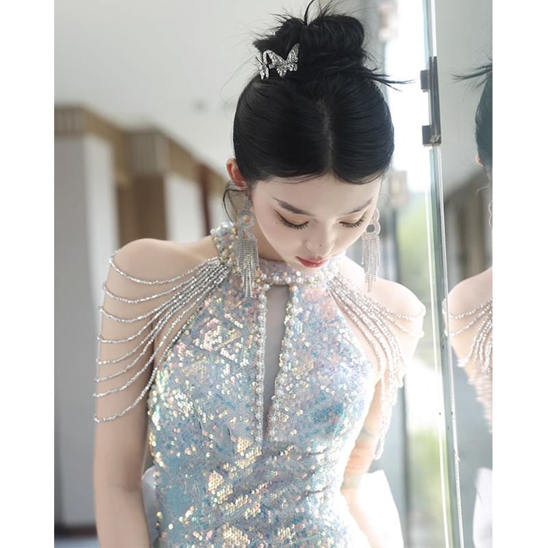 Strappy Gown Evening Bow Halter Mermaid Back Sequin