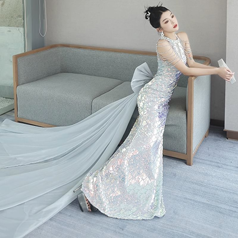 Strappy Gown Evening Bow Halter Mermaid Back Sequin