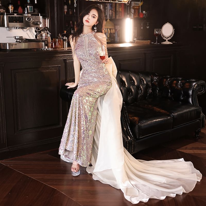 Strappy Gown Evening Bow Halter Mermaid Back Sequin
