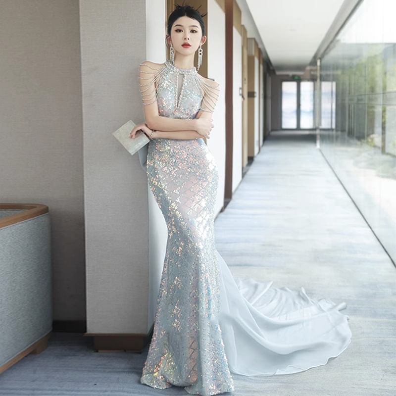 Strappy Gown Evening Bow Halter Mermaid Back Sequin
