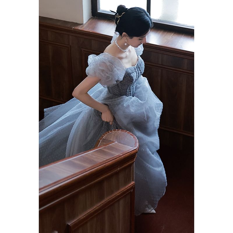 Evening Puff-Sleeve Dotted A-Line Gown