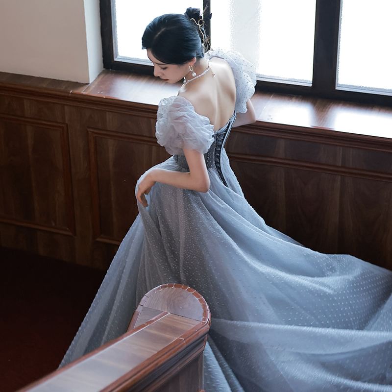 Evening Puff-Sleeve Dotted A-Line Gown