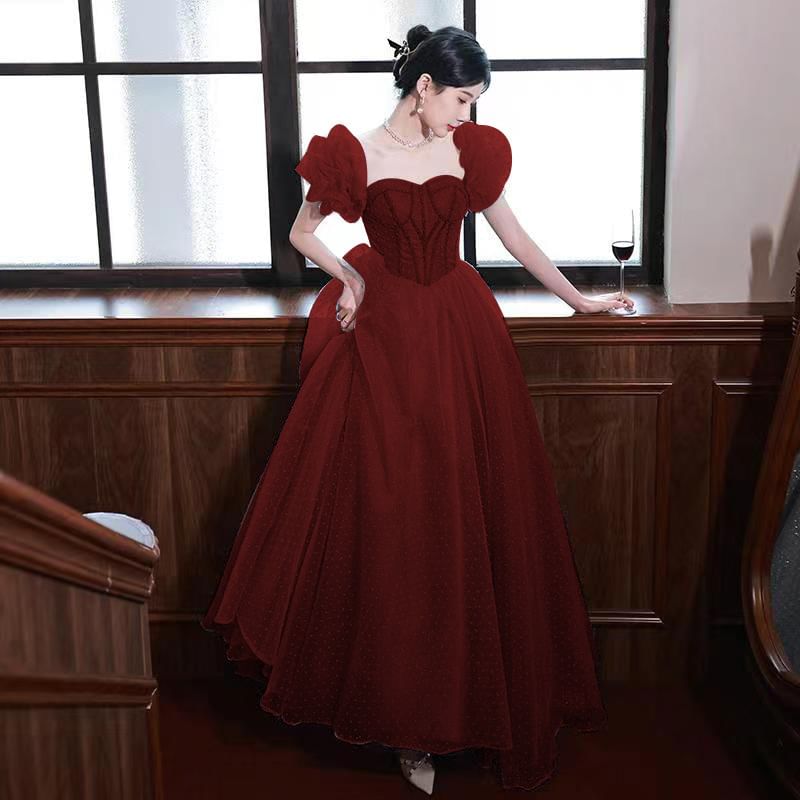 Evening Puff-Sleeve Dotted A-Line Gown