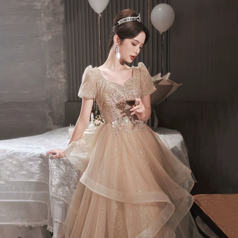 Flower A-Line Puff-Sleeve Evening Ruffle Embroidered Sequin Gown