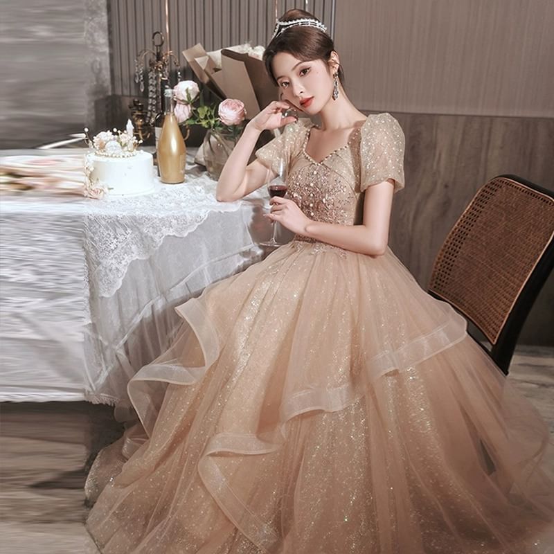 Flower A-Line Puff-Sleeve Evening Ruffle Embroidered Sequin Gown