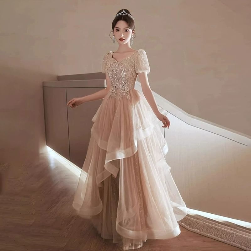 Flower A-Line Puff-Sleeve Evening Ruffle Embroidered Sequin Gown
