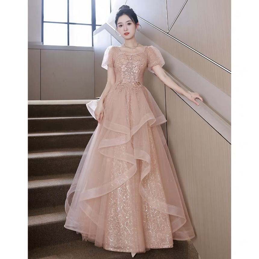 Flower A-Line Puff-Sleeve Evening Ruffle Embroidered Sequin Gown