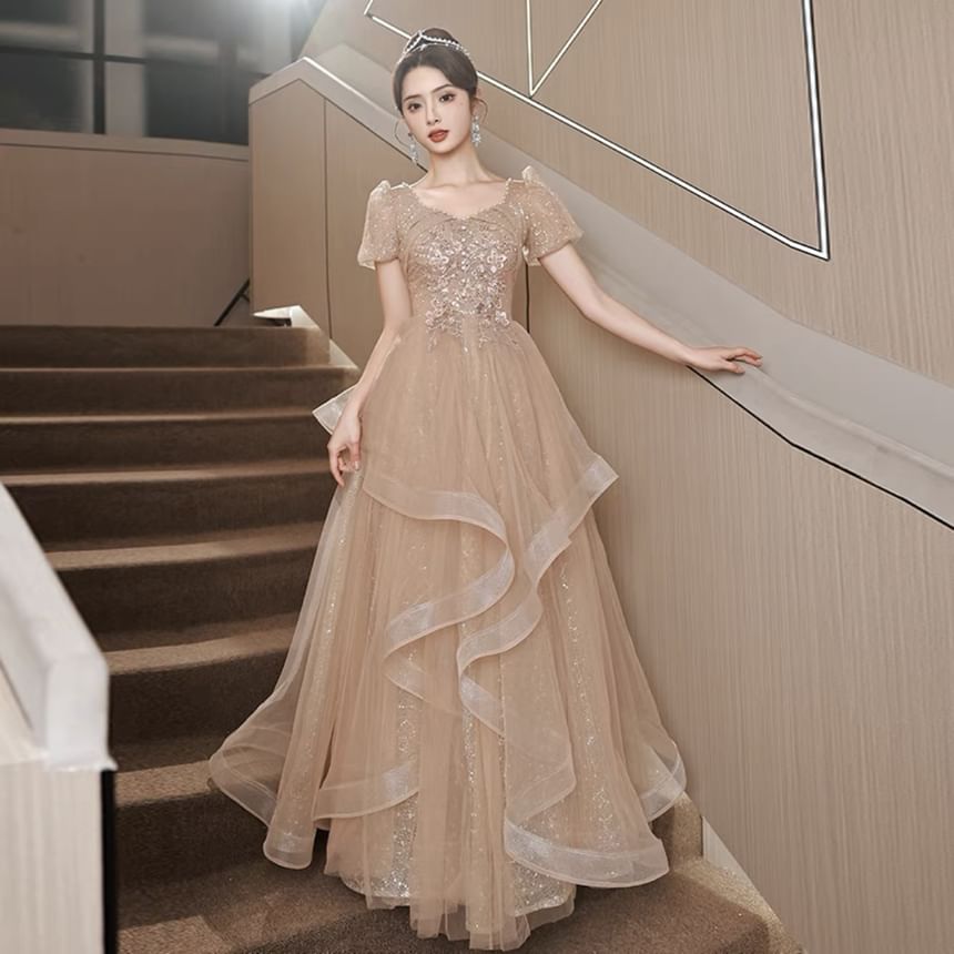 Flower A-Line Puff-Sleeve Evening Ruffle Embroidered Sequin Gown