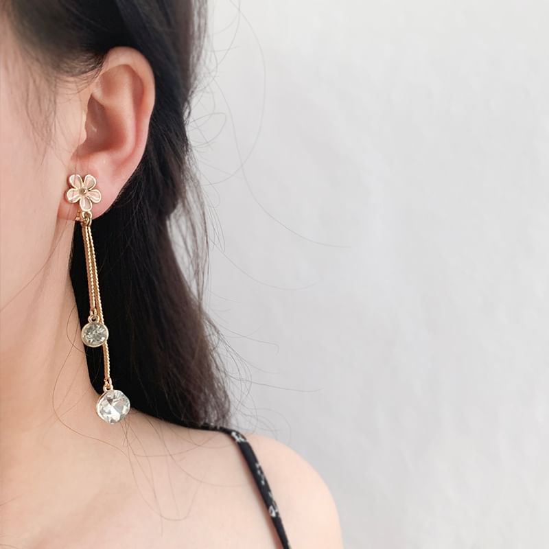 Dangle Earring Alloy Asymmetrical Rhinestone Floral