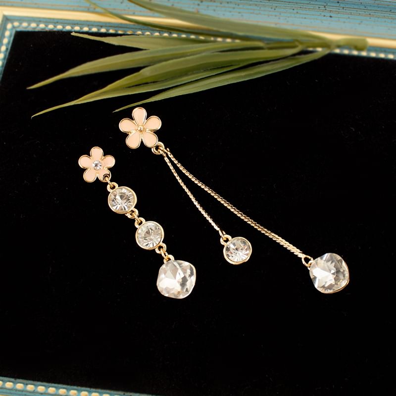 Dangle Earring Alloy Asymmetrical Rhinestone Floral