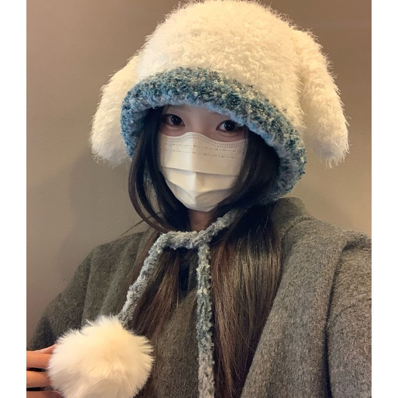 Hat Knit Panel Ear Pom Fluffy Rabbit