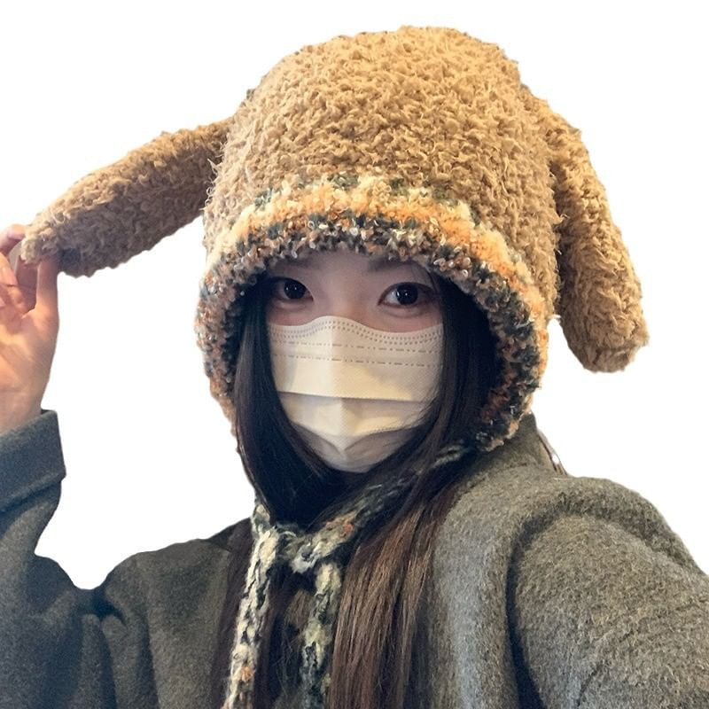 Hat Knit Panel Ear Pom Fluffy Rabbit