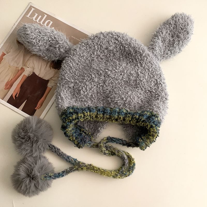 Hat Knit Panel Ear Pom Fluffy Rabbit