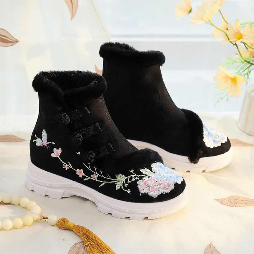 Embroidery Lace-Up Boots Furry Trim Short Floral