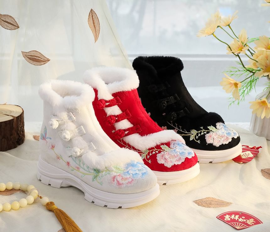 Embroidery Lace-Up Boots Furry Trim Short Floral