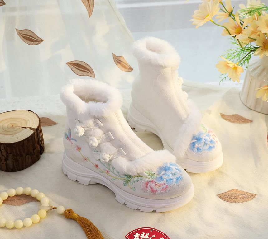 Embroidery Lace-Up Boots Furry Trim Short Floral