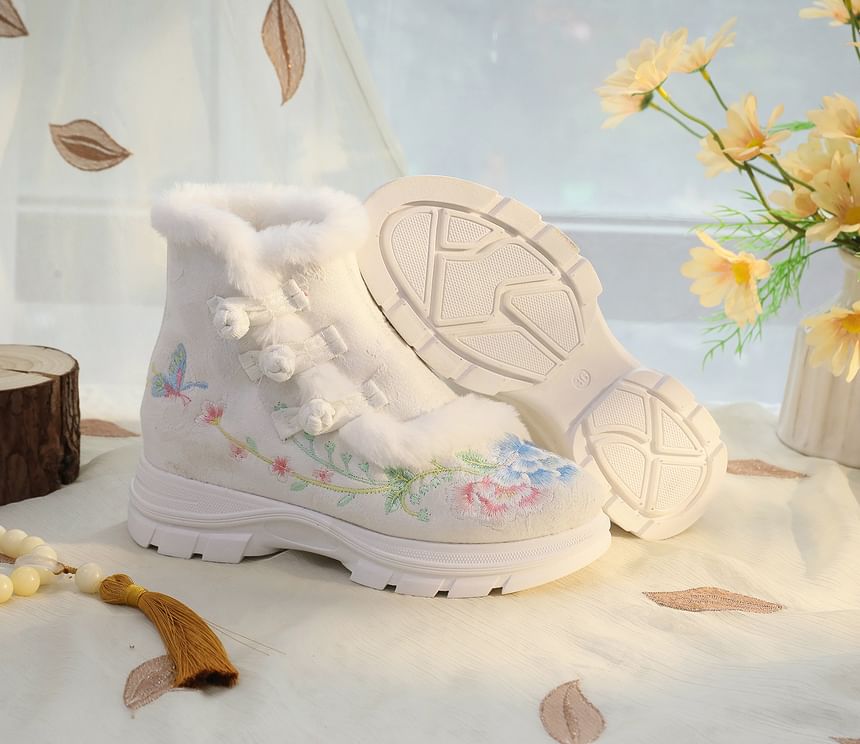 Embroidery Lace-Up Boots Furry Trim Short Floral