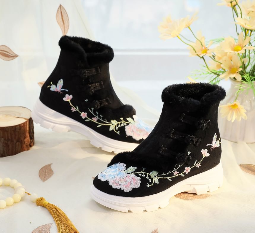 Embroidery Lace-Up Boots Furry Trim Short Floral