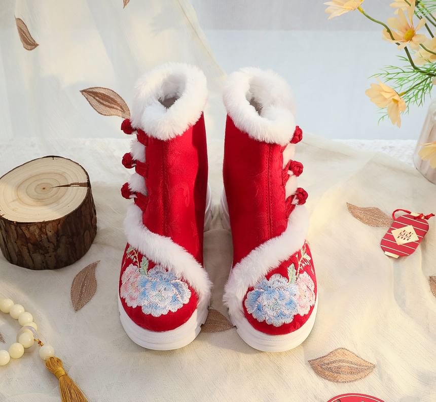 Embroidery Lace-Up Boots Furry Trim Short Floral
