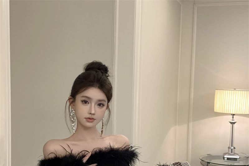 Mini Long-Sleeve Dress Sequin Off-Shoulder Trim Sheath Plain Fluffy