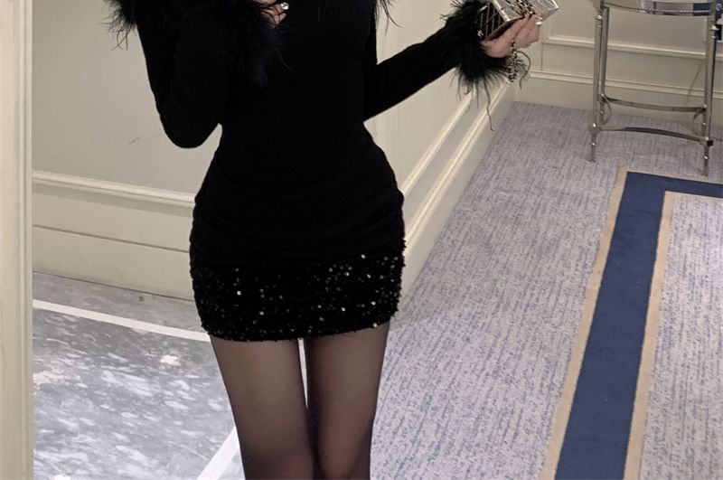 Mini Long-Sleeve Dress Sequin Off-Shoulder Trim Sheath Plain Fluffy