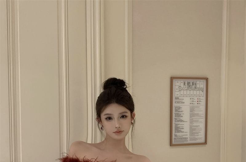 Mini Long-Sleeve Dress Sequin Off-Shoulder Trim Sheath Plain Fluffy